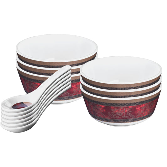 12 pc Soup Bowl with Spoon Set Gold - Mughal Art Maroon