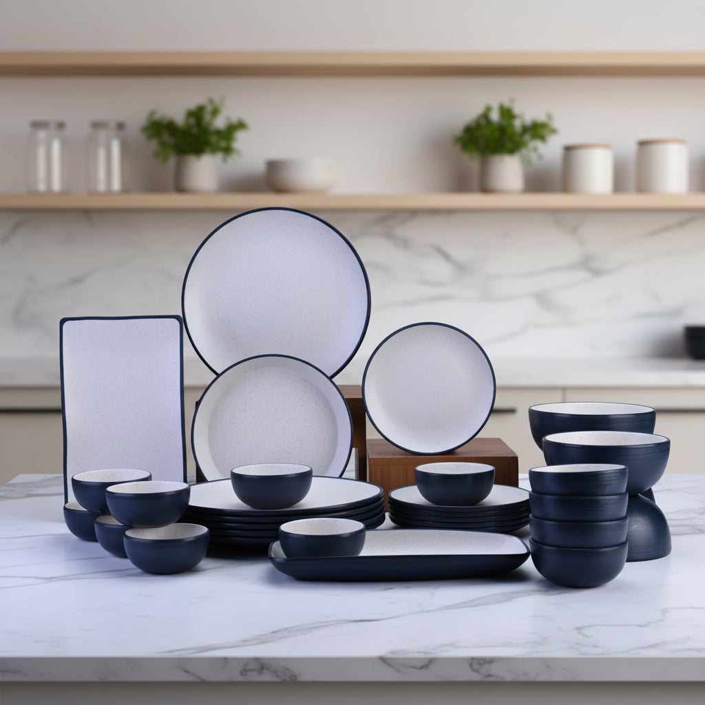 31 pc Dinner Set Tone Navy and Dot Cream