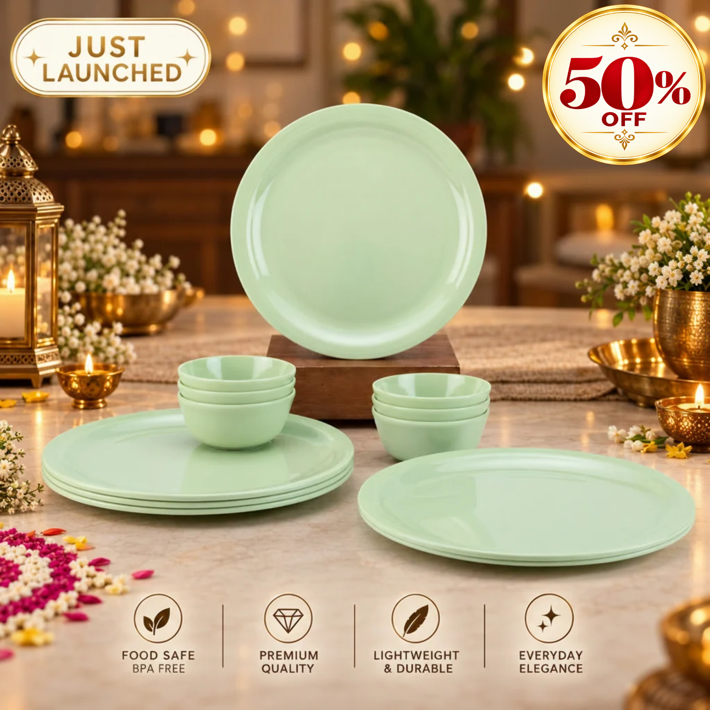 12pc Dinner Set Traditional - Pastel Green