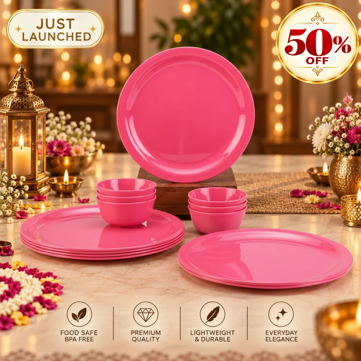 12pc Dinner Set Traditional - Pastel Pink