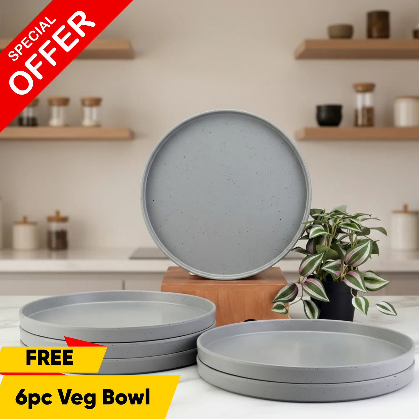 6 pc Dinner Plate Set Thali 28 cm - Dots Grey