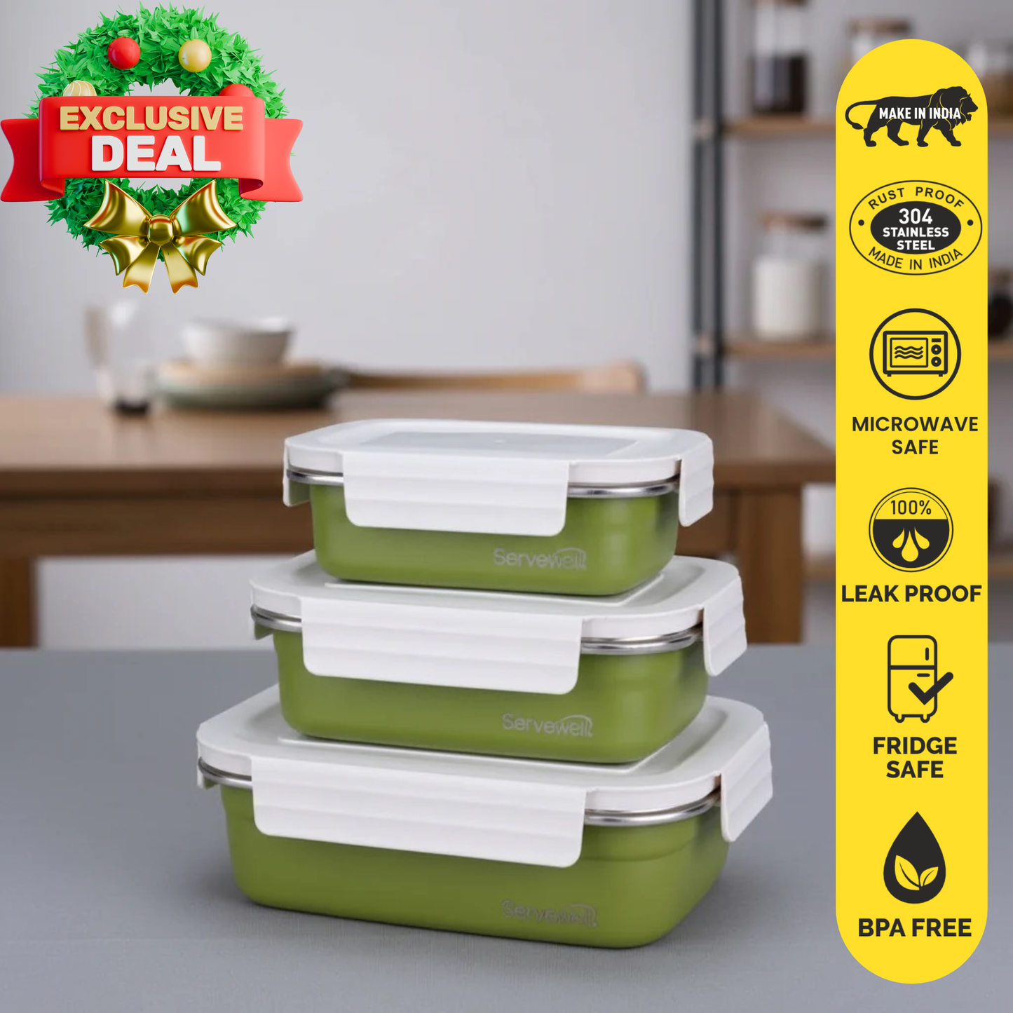 3pc Bite Single Wall Lunch Box - Green