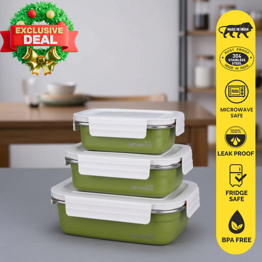 3pc Bite Single Wall Lunch Box - Green