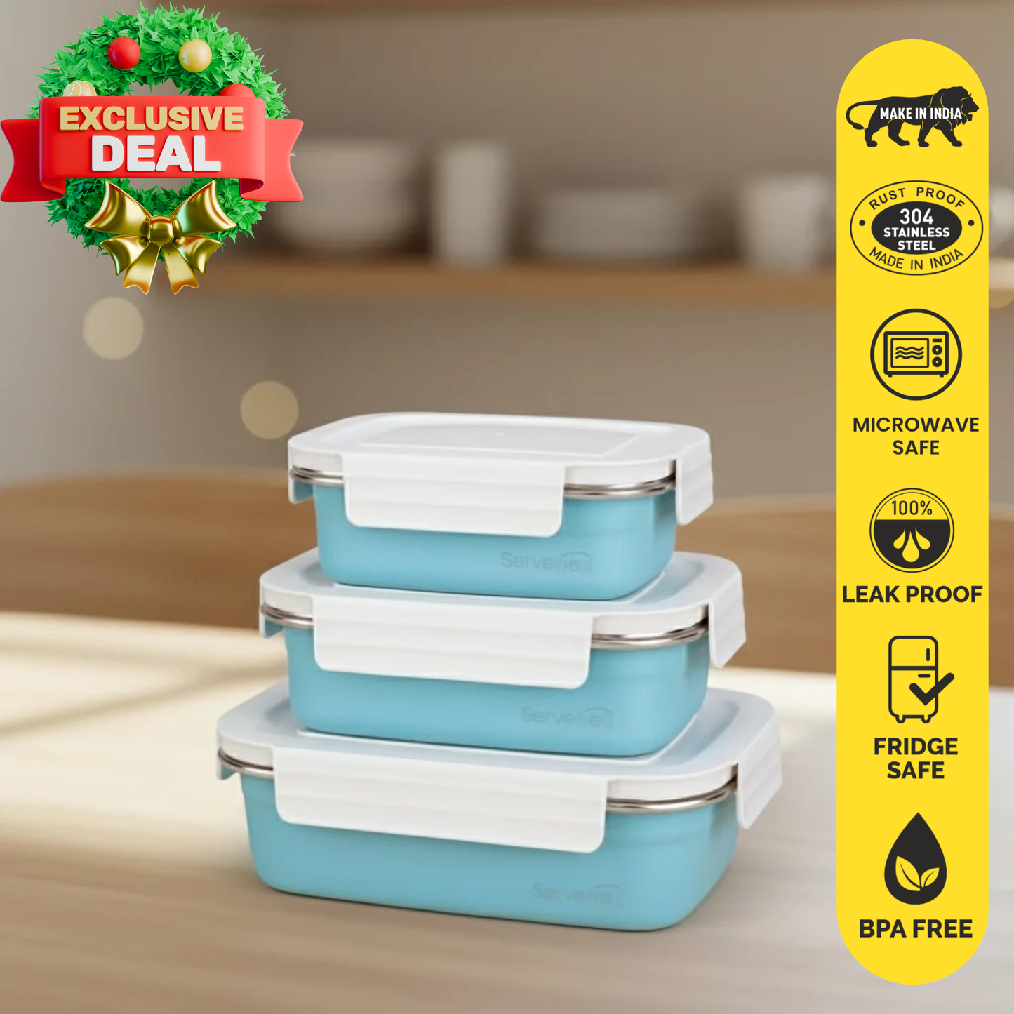 3pc Bite Single Wall Lunch Box - Blue