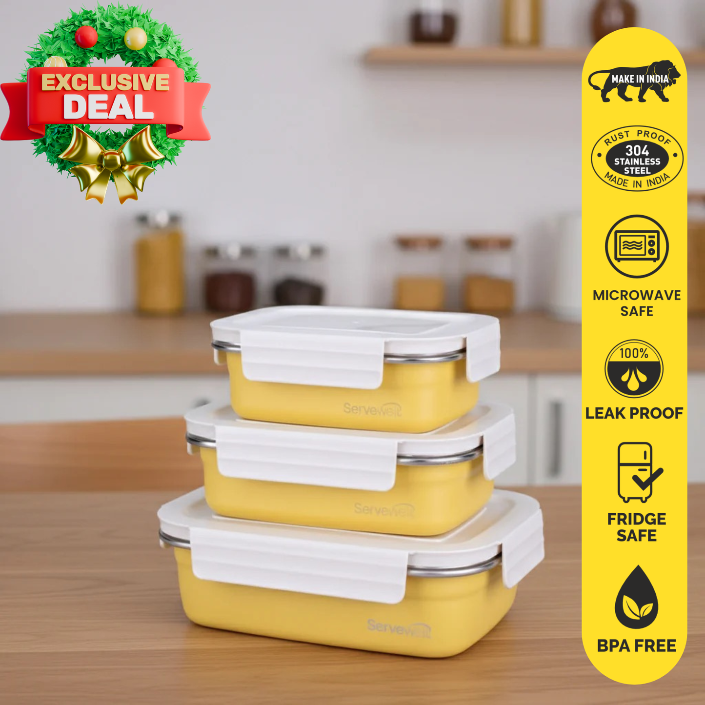 3pc Bite Single Wall Lunch Box - Yellow