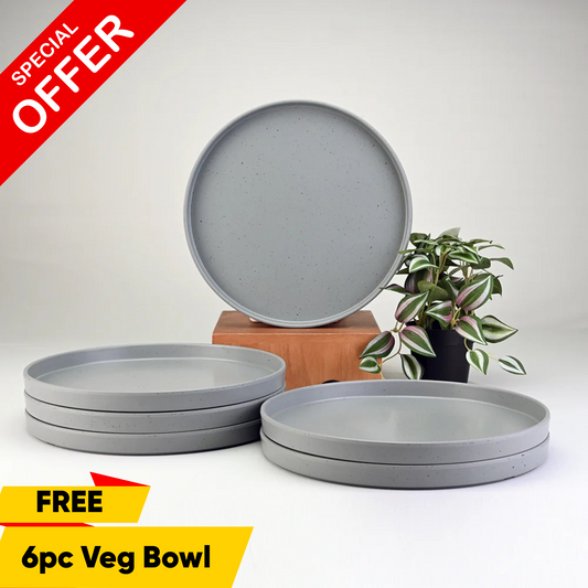 6 pc Dinner Plate Set Thali 28 cm - Dots Grey