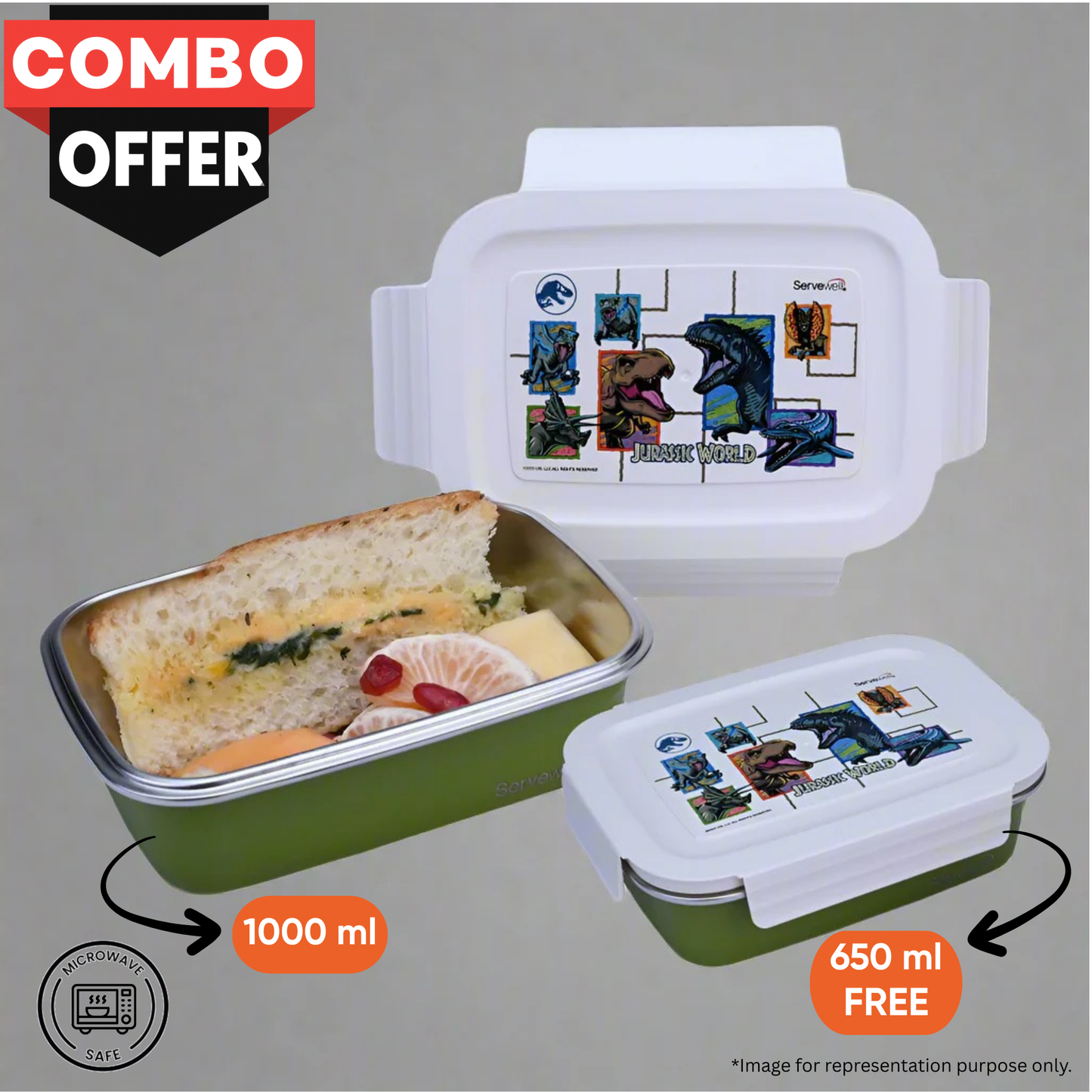 Bite Single Wall Lunch Box with Container 1000 ml - Jurassic World
