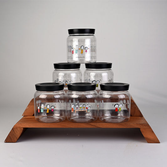 Container Airtight Printed Twist-It Set 6 pc Round 900 ml - Happiness Is… - Black Lid