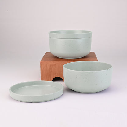 Servewell Serving Bowl with Lid Set 2 + 2 pc Thali 16 cm - Dots Green
