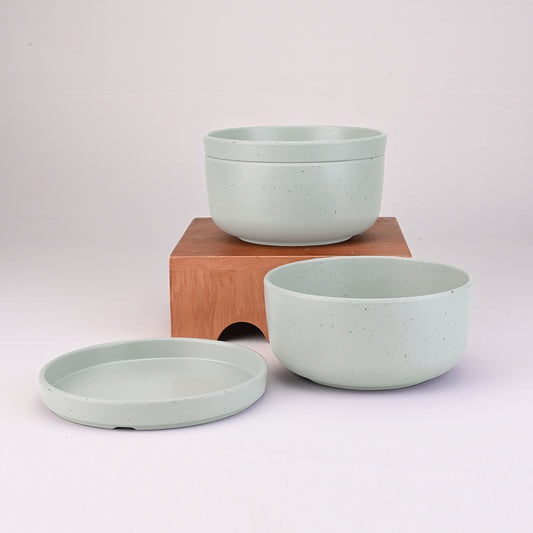 Servewell Serving Bowl with Lid Set 2 + 2 pc Thali 16 cm - Dots Green
