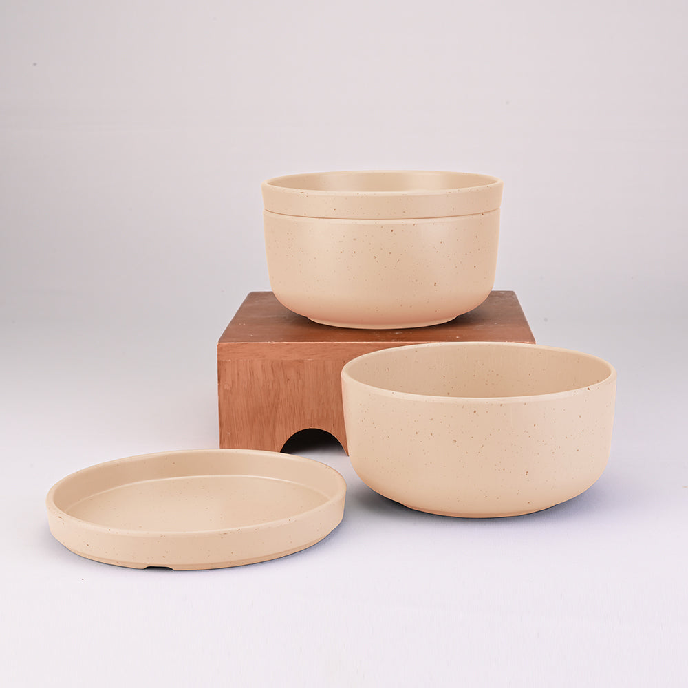 Servewell Serving Bowl with Lid Set 2 + 2 pc Thali 16 cm - Dots Yellow