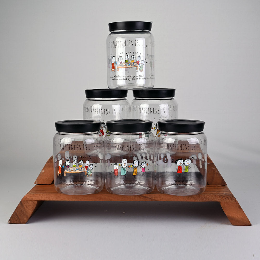 Canister Airtight Printed Twist-It Set 6 pc Round 1.1 ltr - Happiness Is… - Black Lid