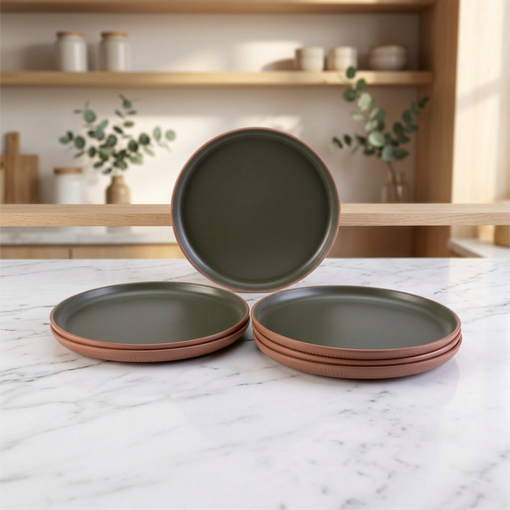 6 pc Dinner Plate Set Portico Curved 27 cm - Moss and Apricot