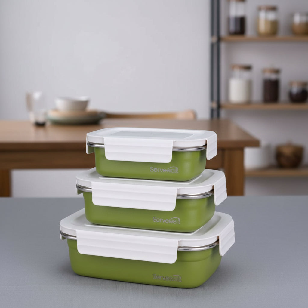3pc Bite Single Wall Lunch Box - Green