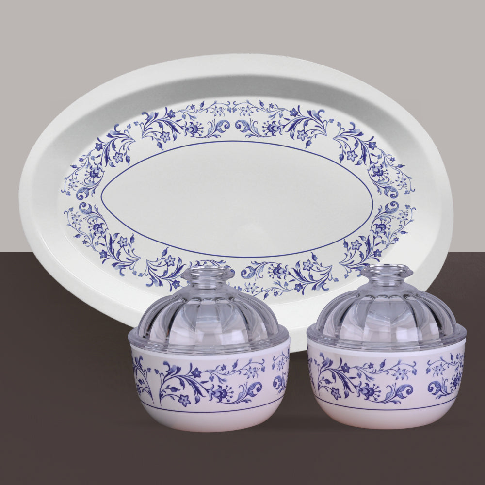 3 pc Candy Bowl w/Rim Tray Serving Set - Blue Pottery