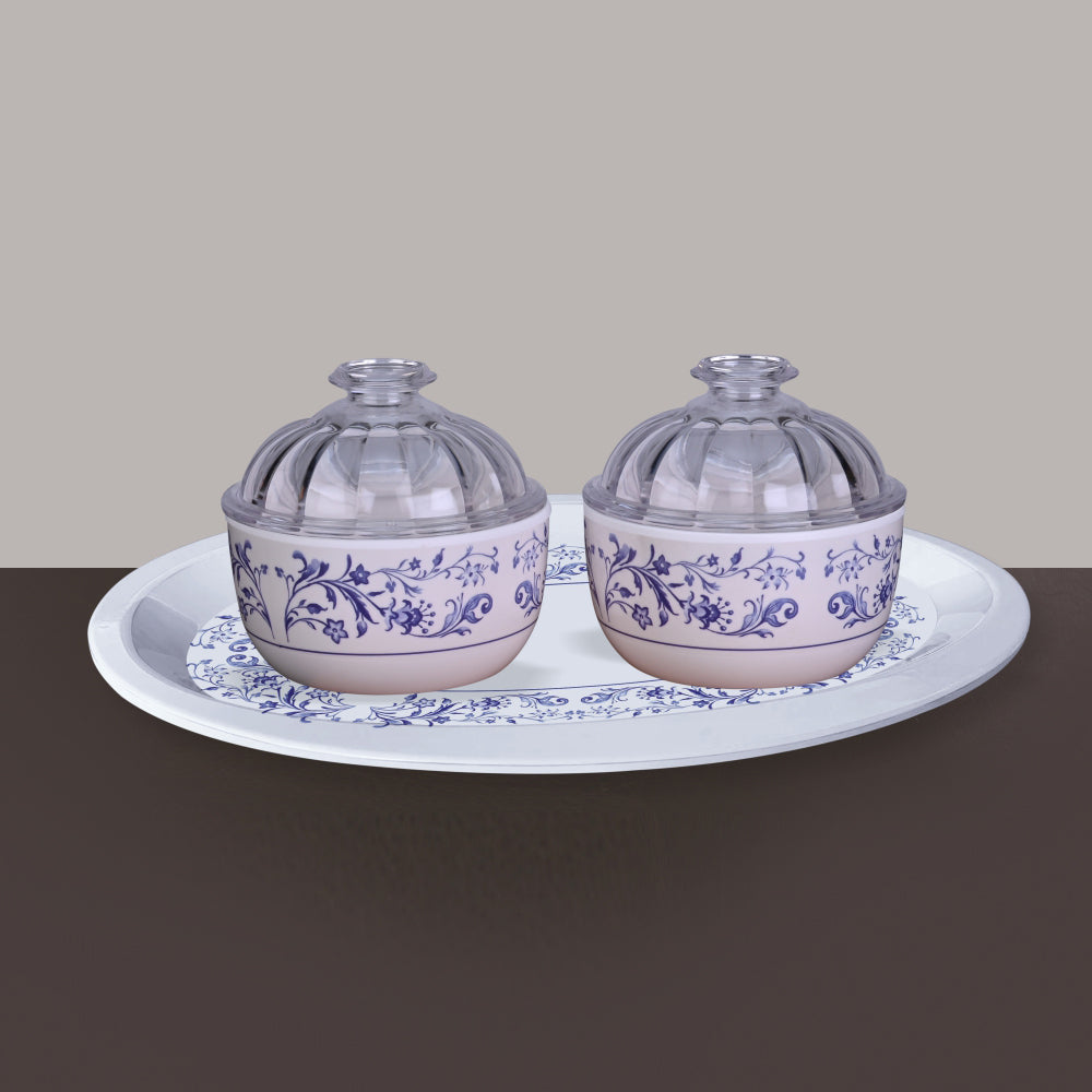 3 pc Candy Bowl w/Rim Tray Serving Set - Blue Pottery